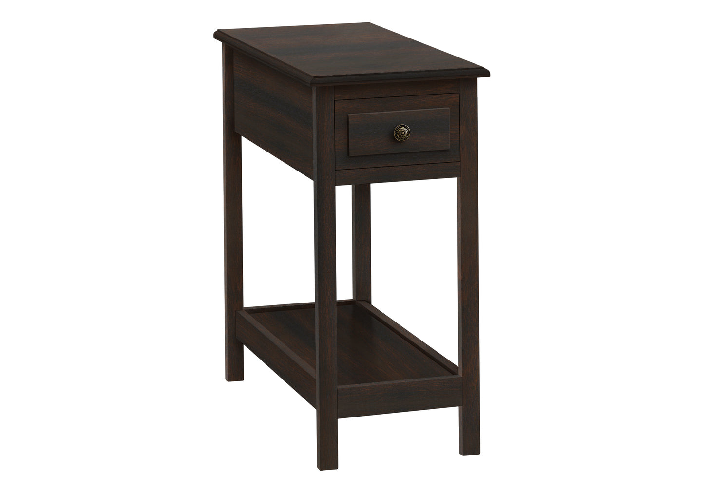 Dark brown wooden end table with drawer and lower shelf