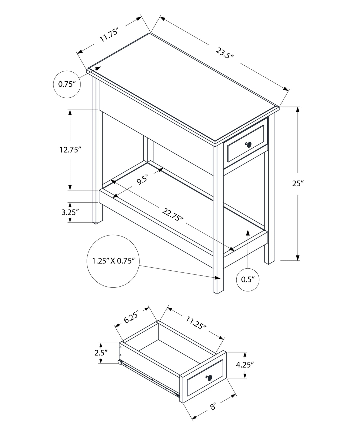Line drawing of a narrow end table with one drawer showing dimensions L x W x H