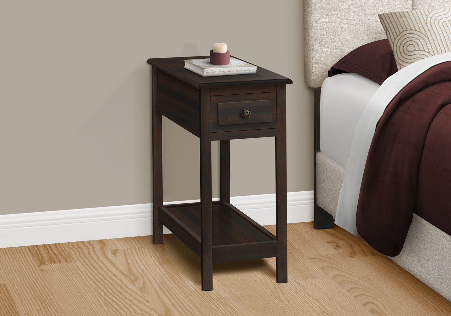 Dark brown wooden narrow end table with one drawer and shelf fits small spaces