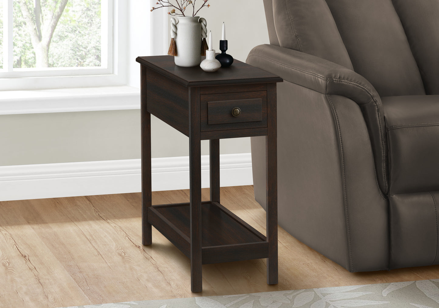 Dark wood Ctable with drawer and lower shelf ideal for small spaces