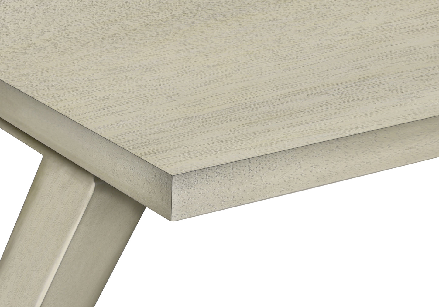 Light grey wooden table edge with subtle grain detail showing support leg