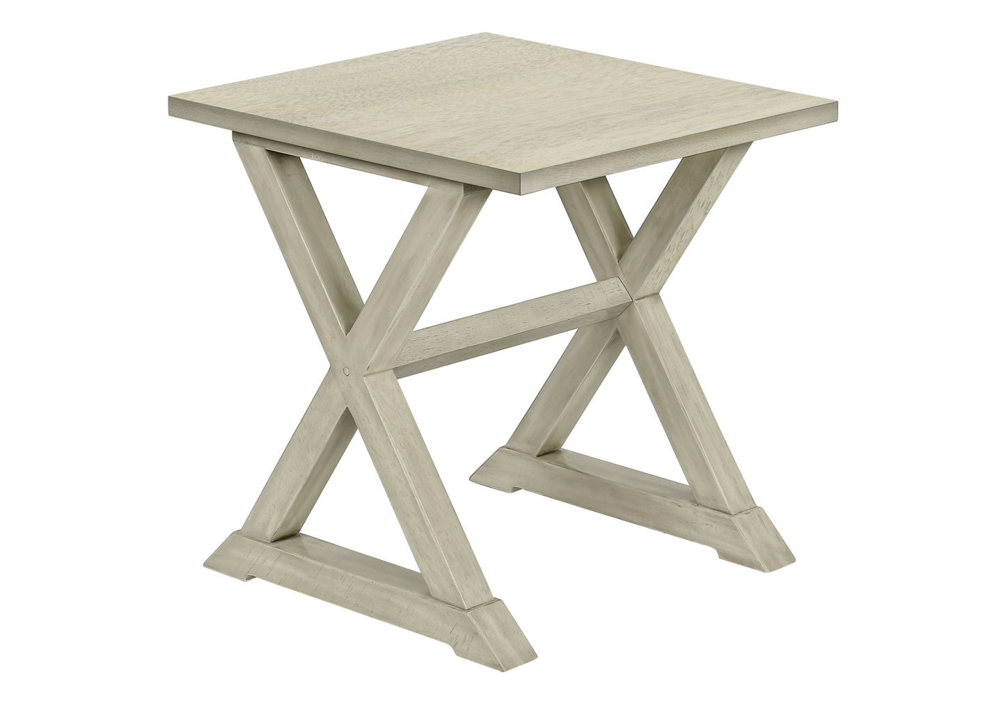 Light gray wood accent table with X base perfect for small spaces
