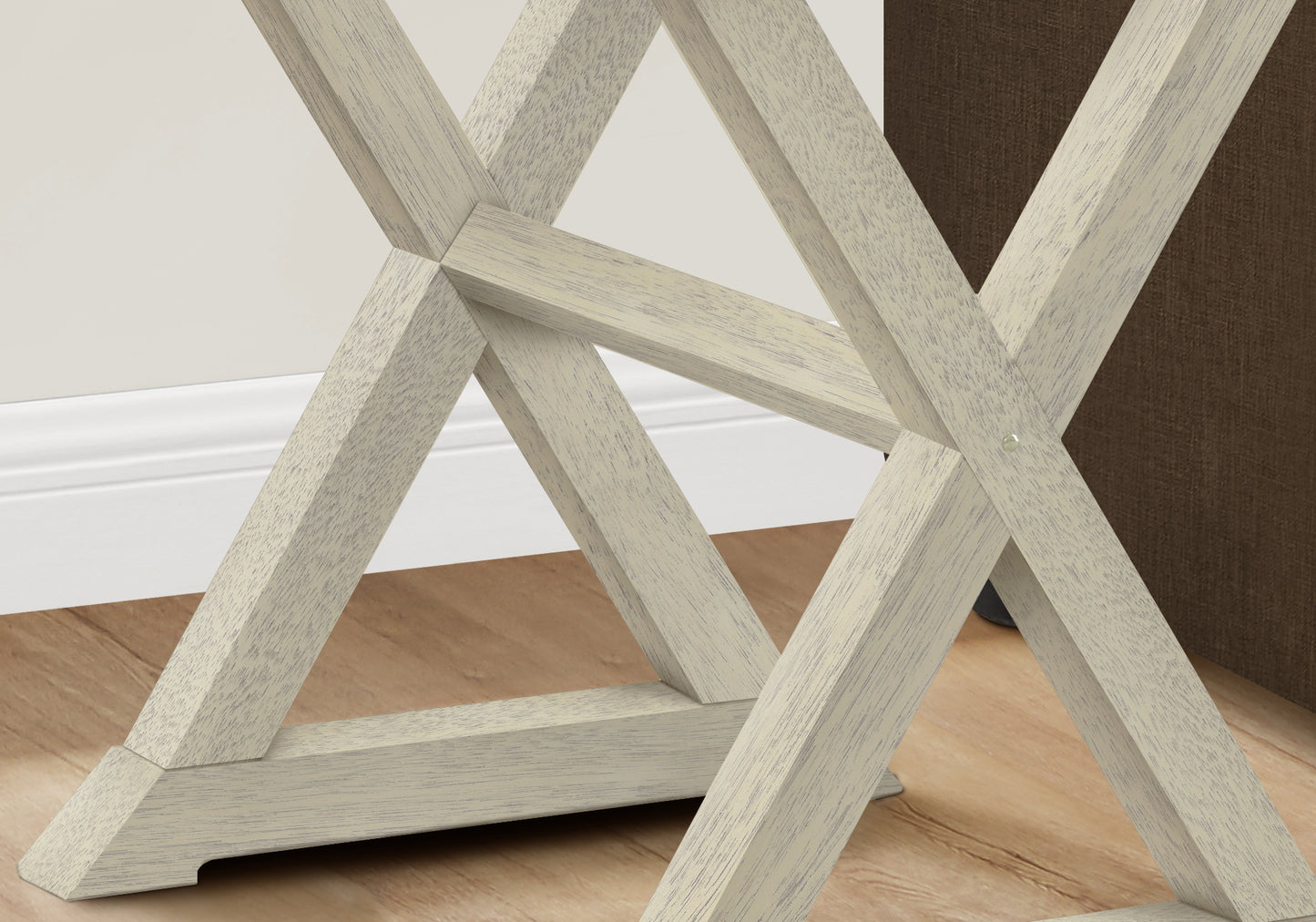Distressed white wooden accent table base with interlocking Xframe design
