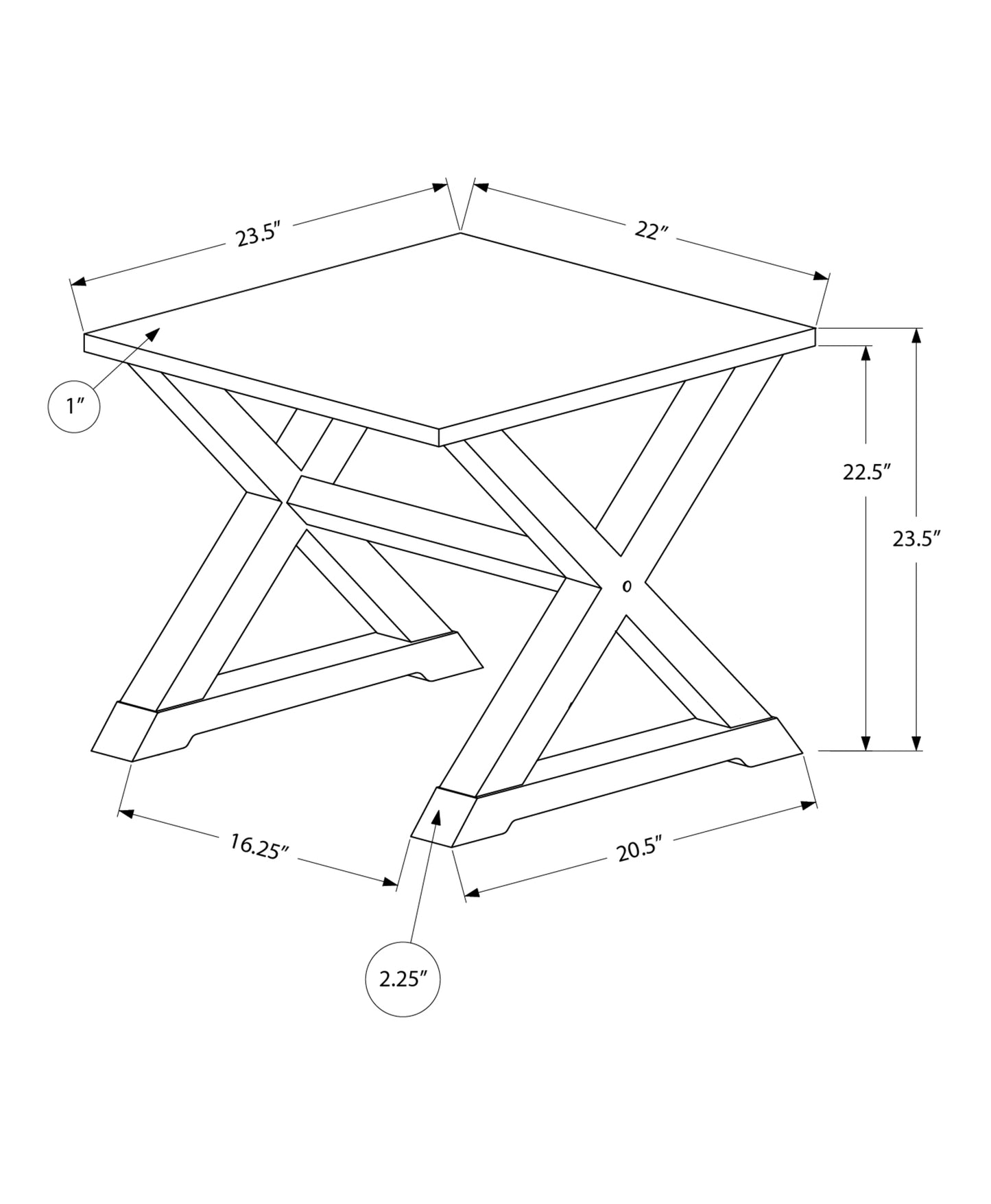 Blueprint of a square wooden accent table with Xshaped legs and dimensions