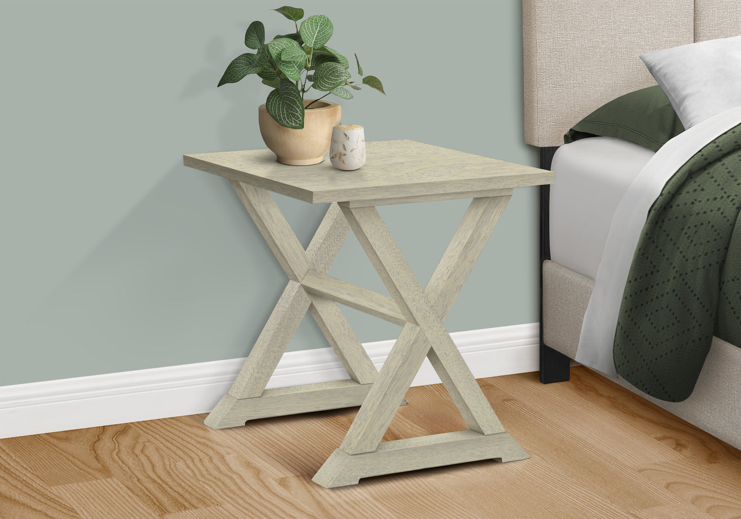 Distressed wood accent table with Xleg design perfect for bedside use