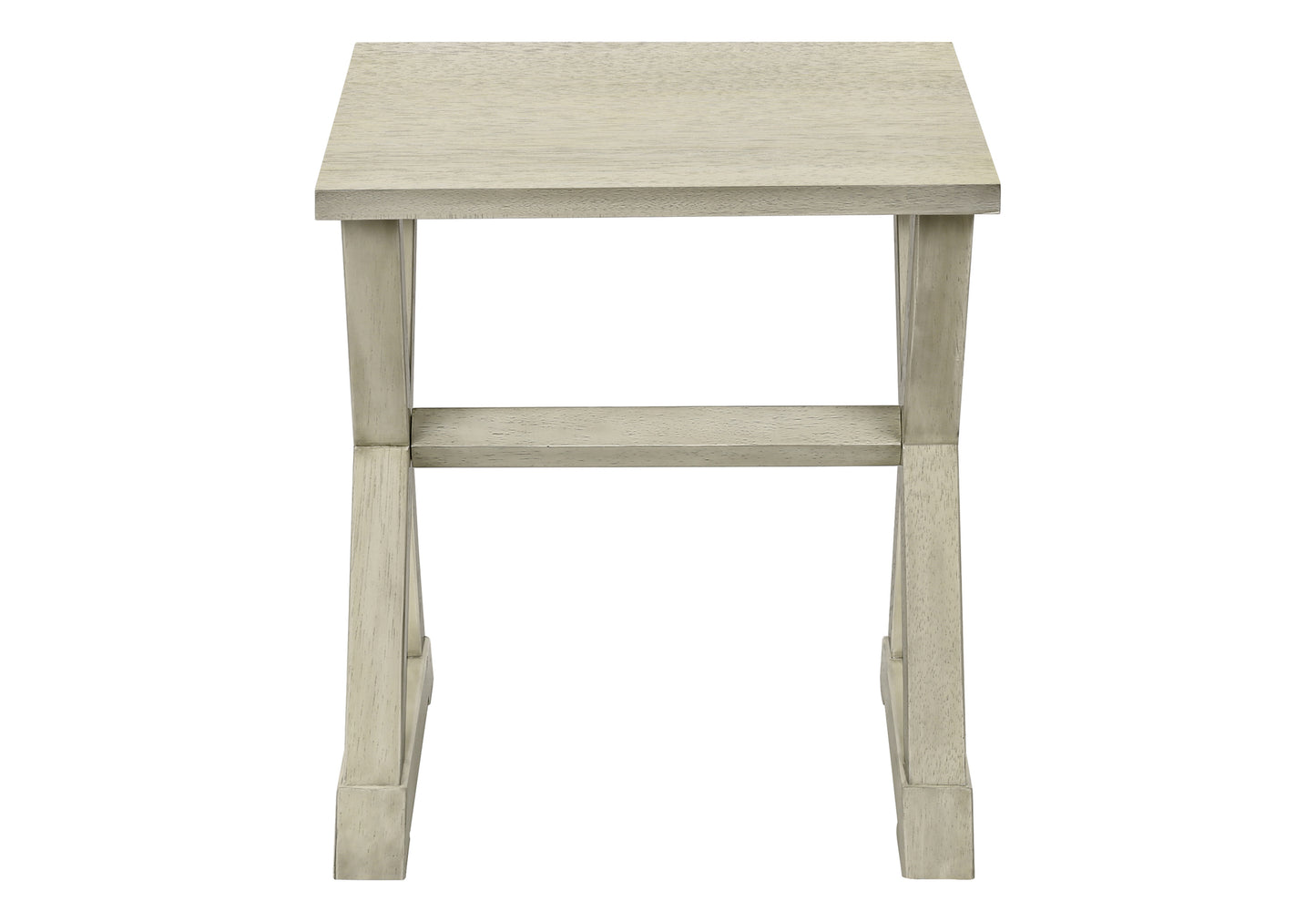 Light gray wood accent table with a square top and angular legs perfect for small spaces