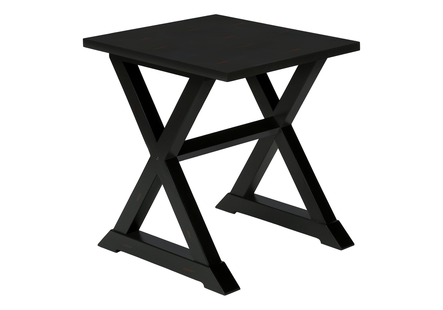 Black wooden side table with an Xshaped base and rustic accents