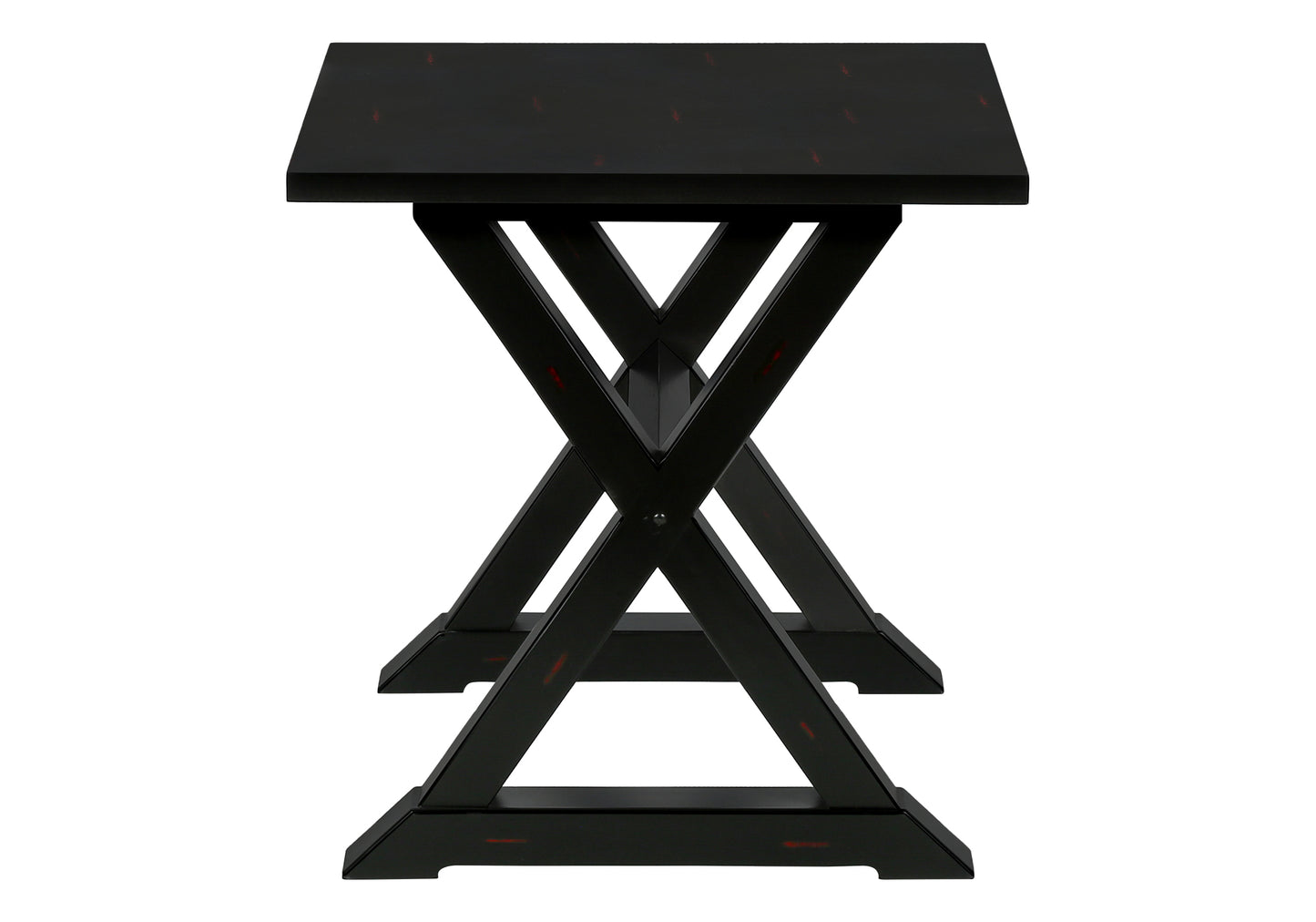 Black wooden side table with crisscross legs and distressed accents perfect for living rooms