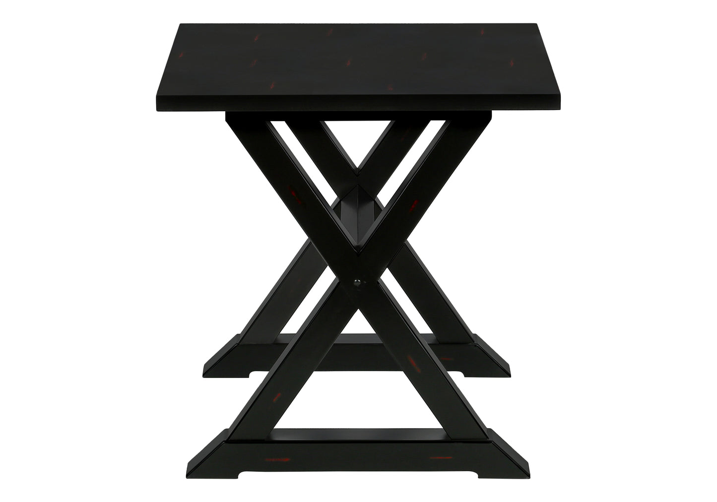 Black wooden side table with crisscross legs distressed finish