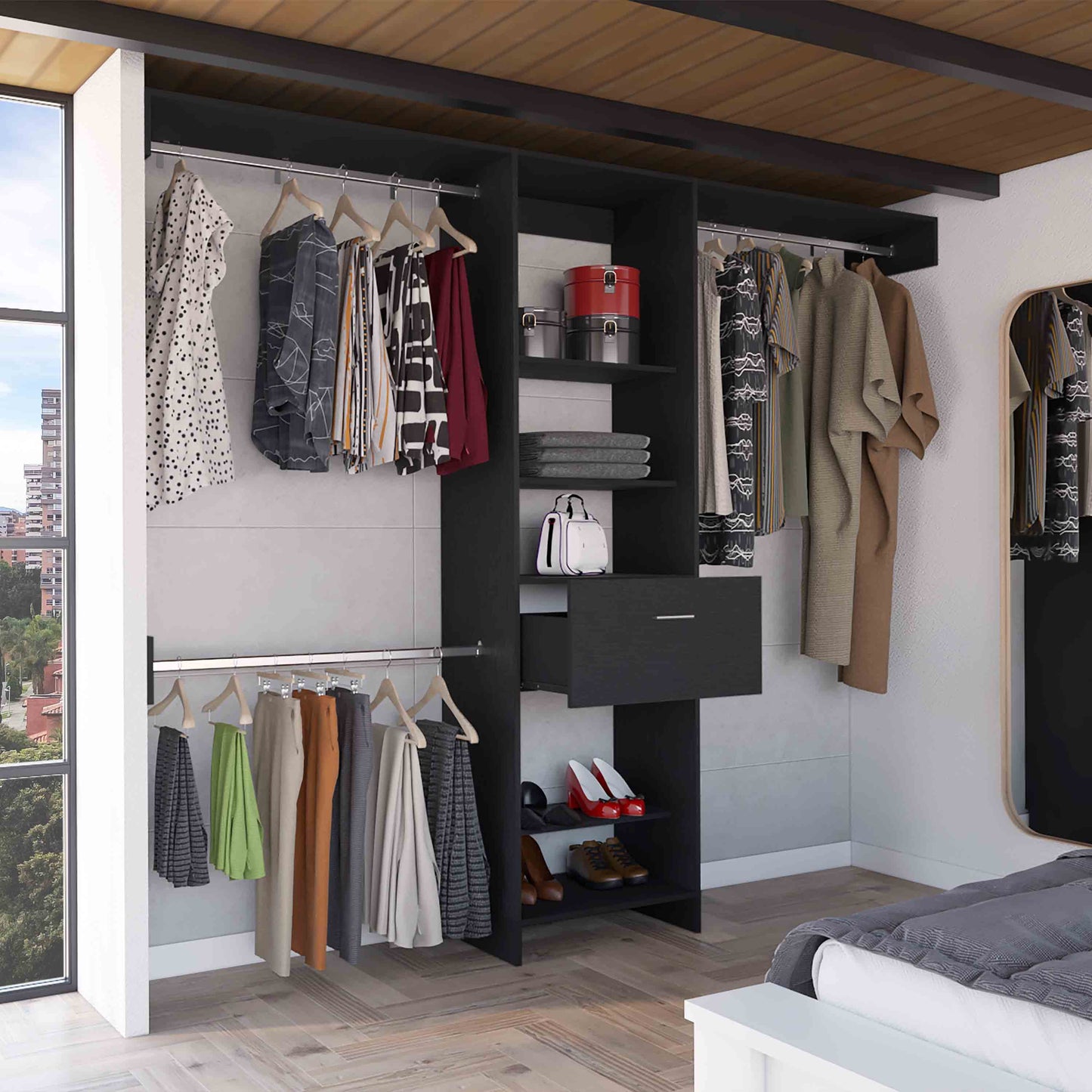 Black modern closet system with hanging clothes and shoes