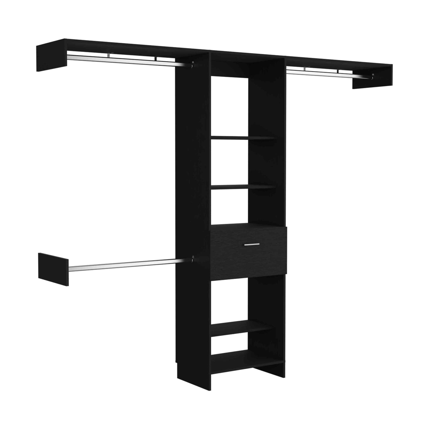Black modular closet organizer with shelves and hanging rod
