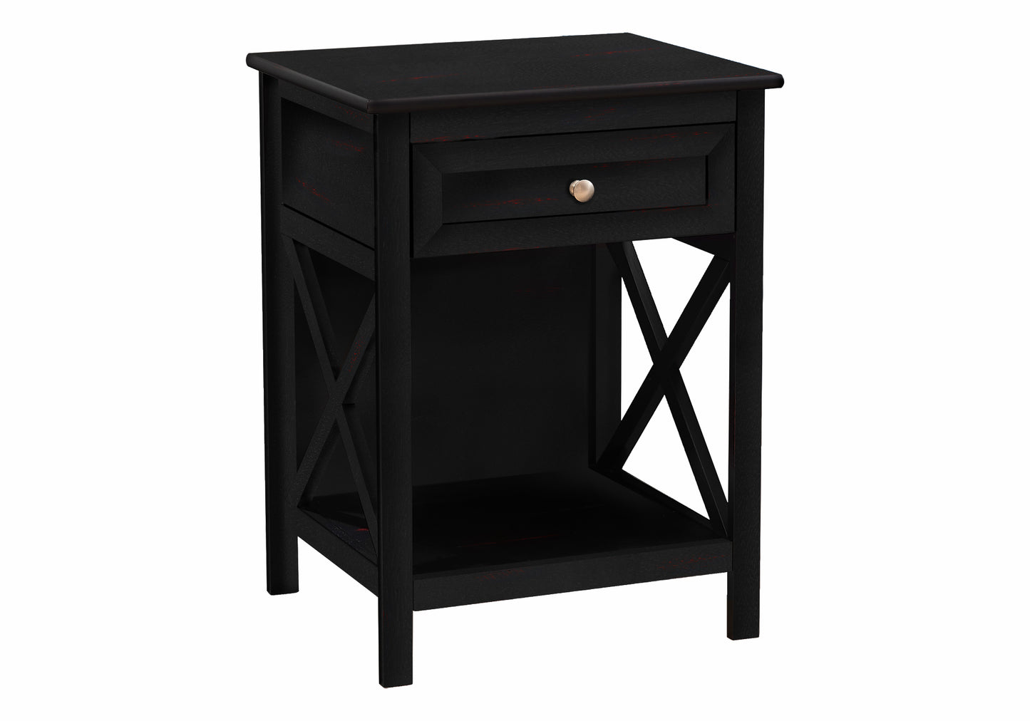 Rustic black wood end table with one drawer and open shelf