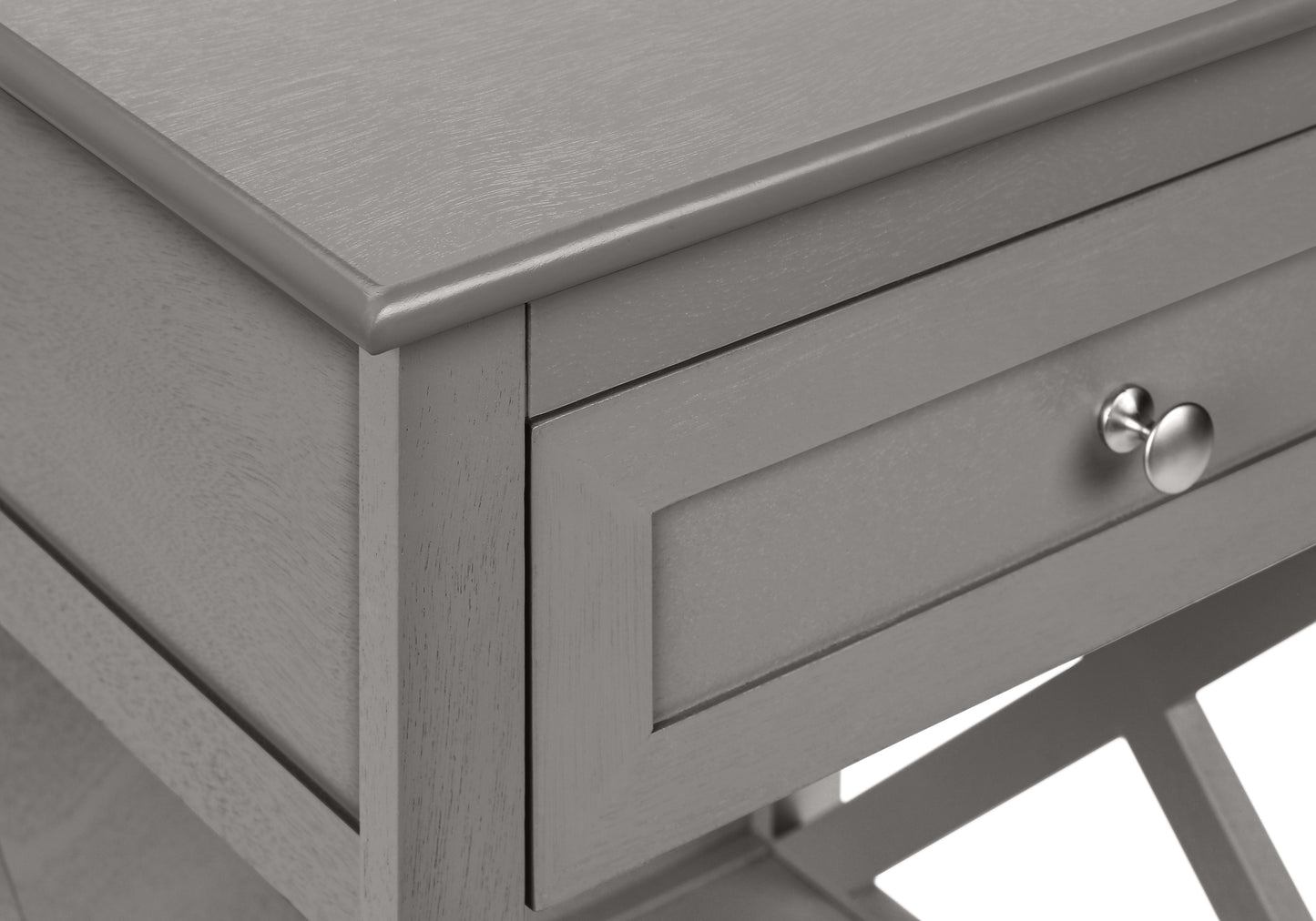 Grey wood side table with single drawer and silver knob detail