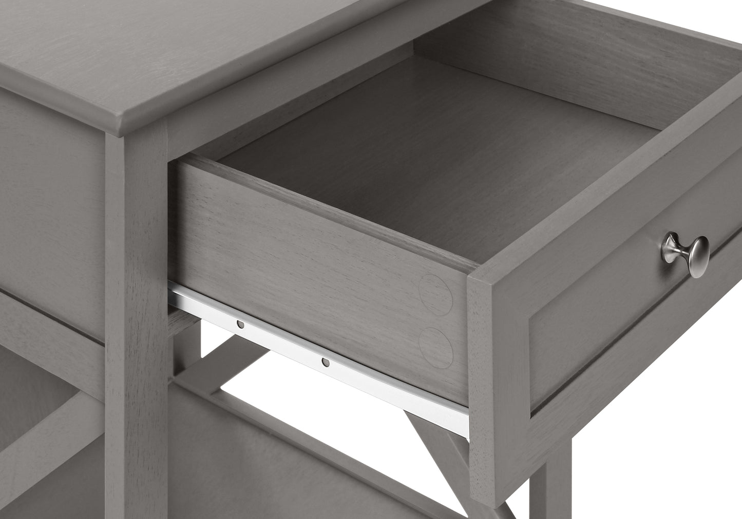 Gray wooden end table with an open drawer and silver knob