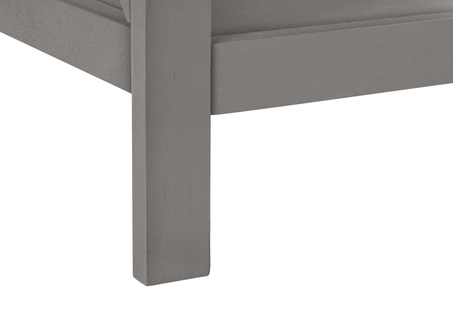 Closeup of a grey wooden furniture leg showing its textured grain