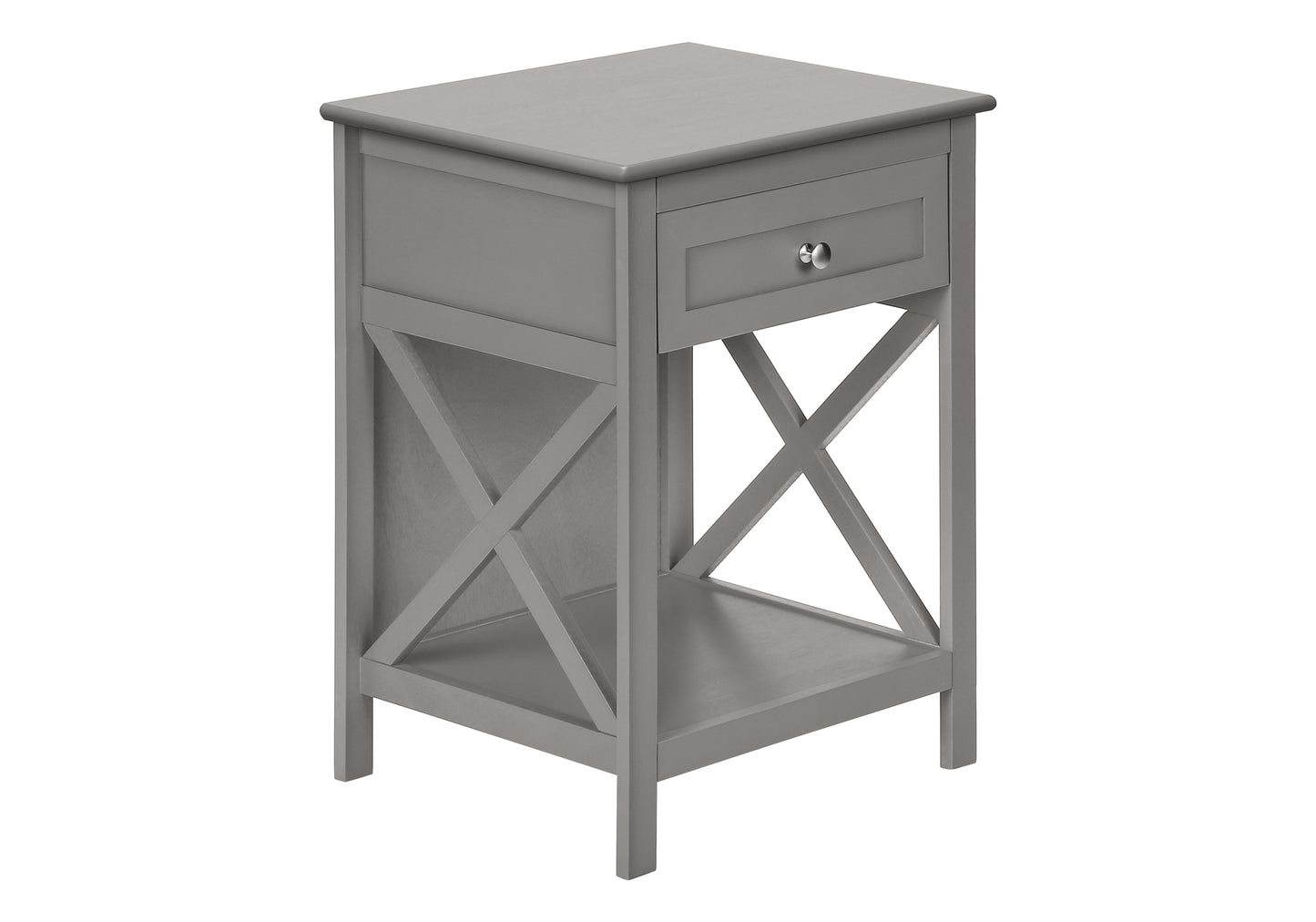 Gray wooden end table with one drawer and open shelving