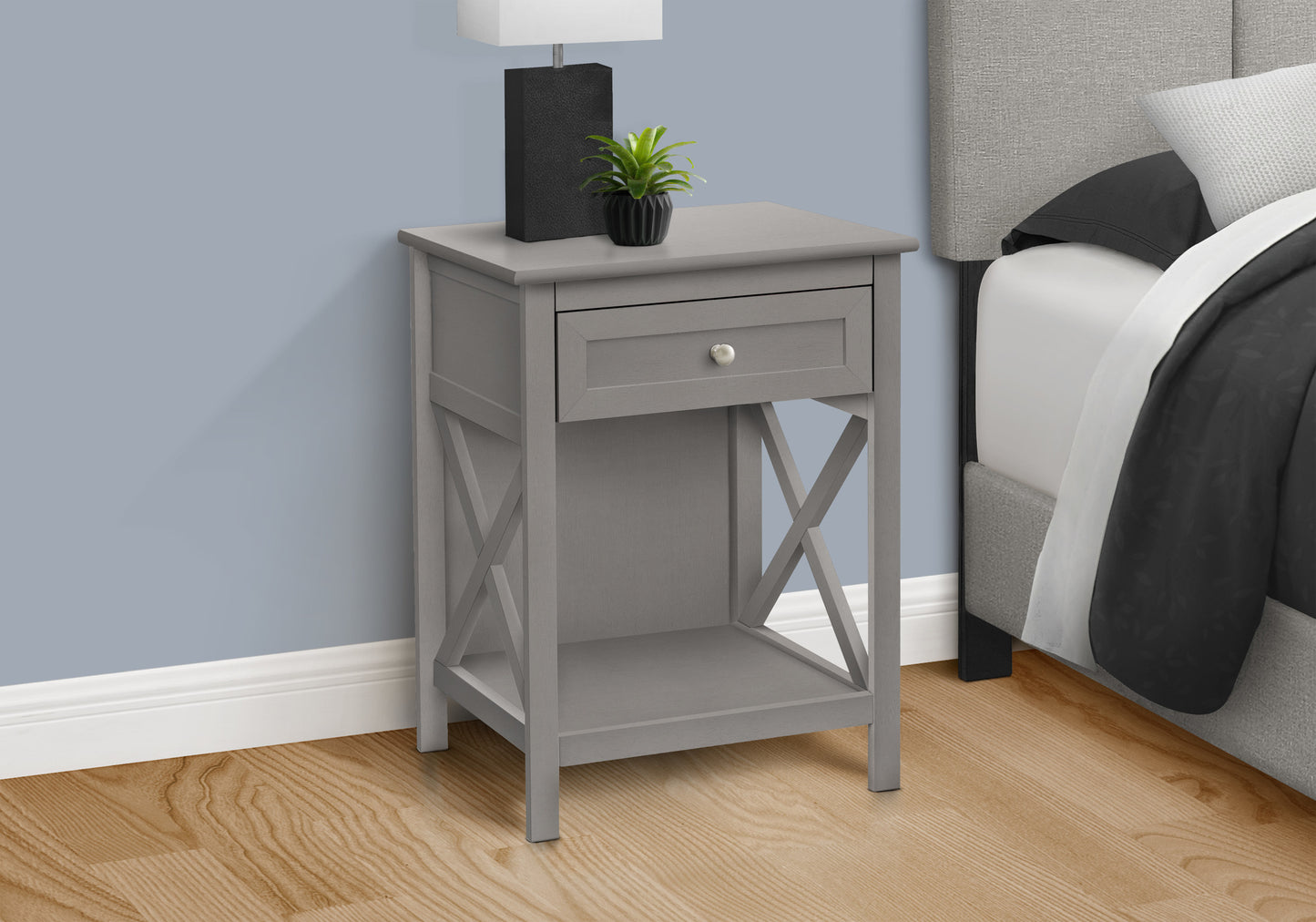 Gray farmhouse nightstand with Xframe shelving and a single drawer