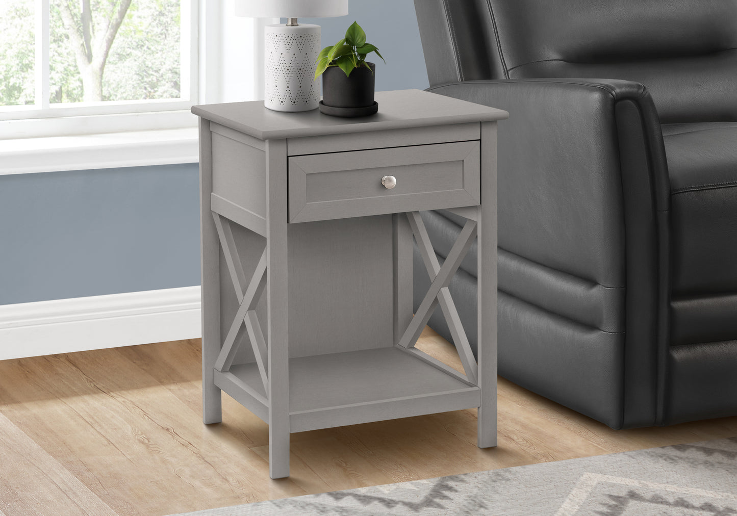 Gray farmhouse end table with drawer and open shelf