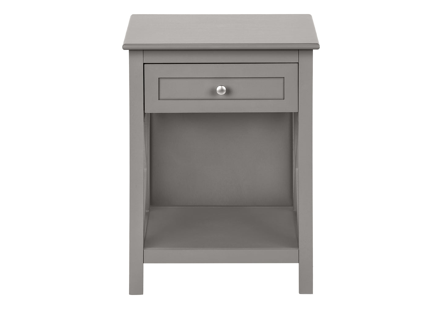Gray wooden nightstand with one drawer and open shelf storage