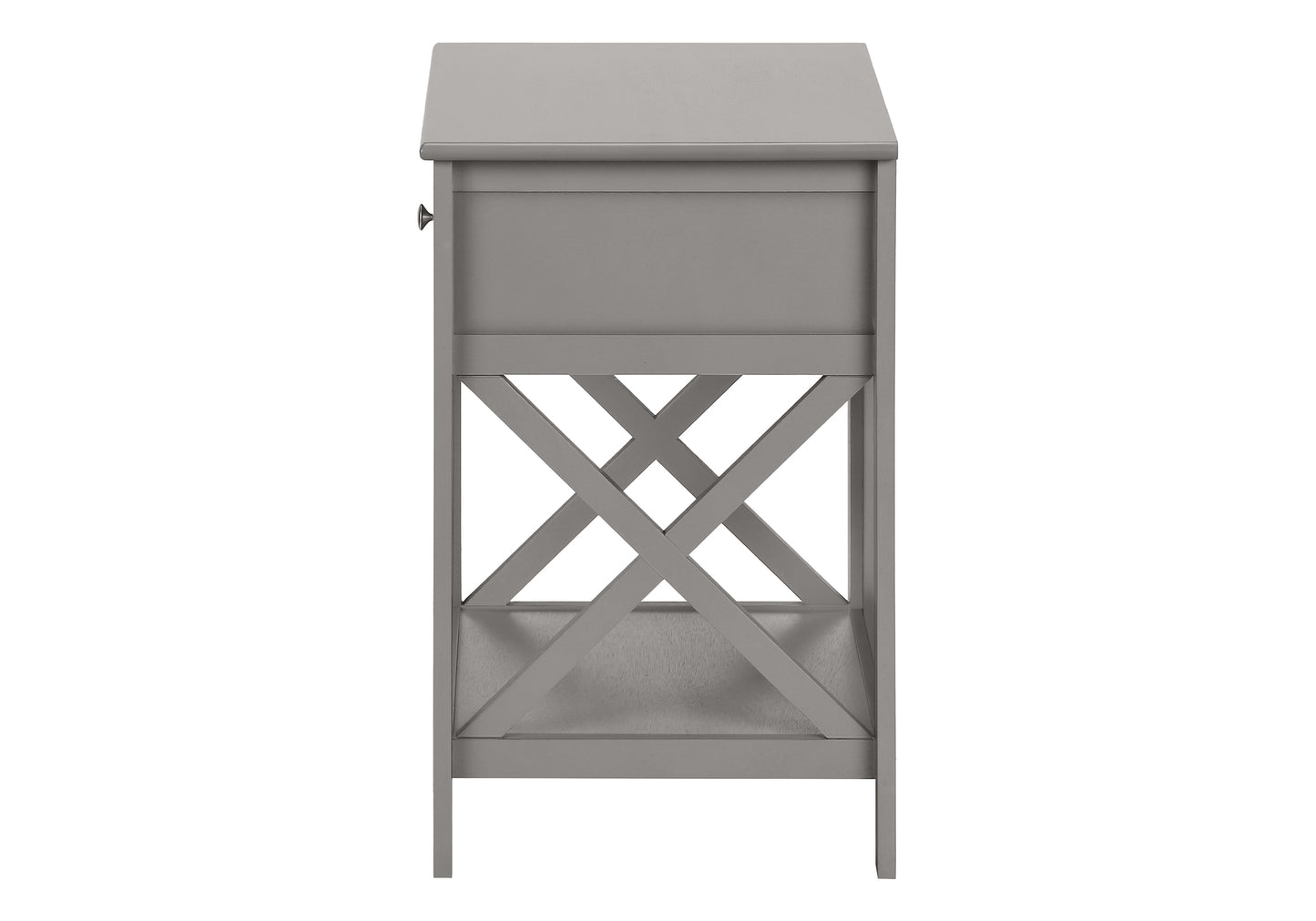 Gray wooden end table with decorative Xframe shelf and single drawer