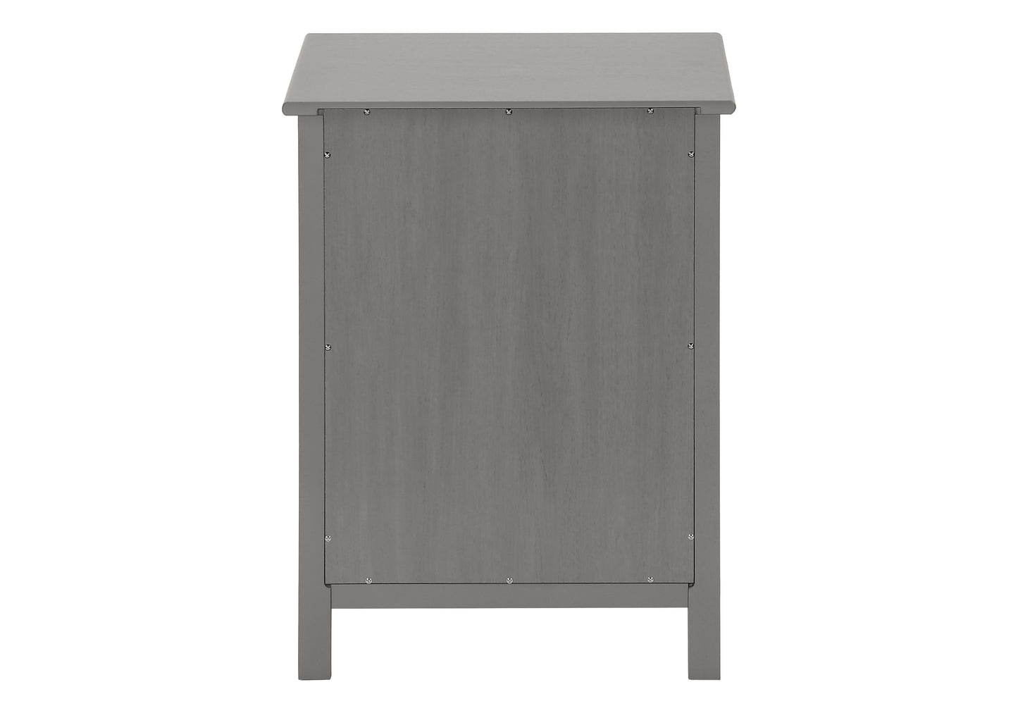 Grey wooden side table with visible screw details on the back panel