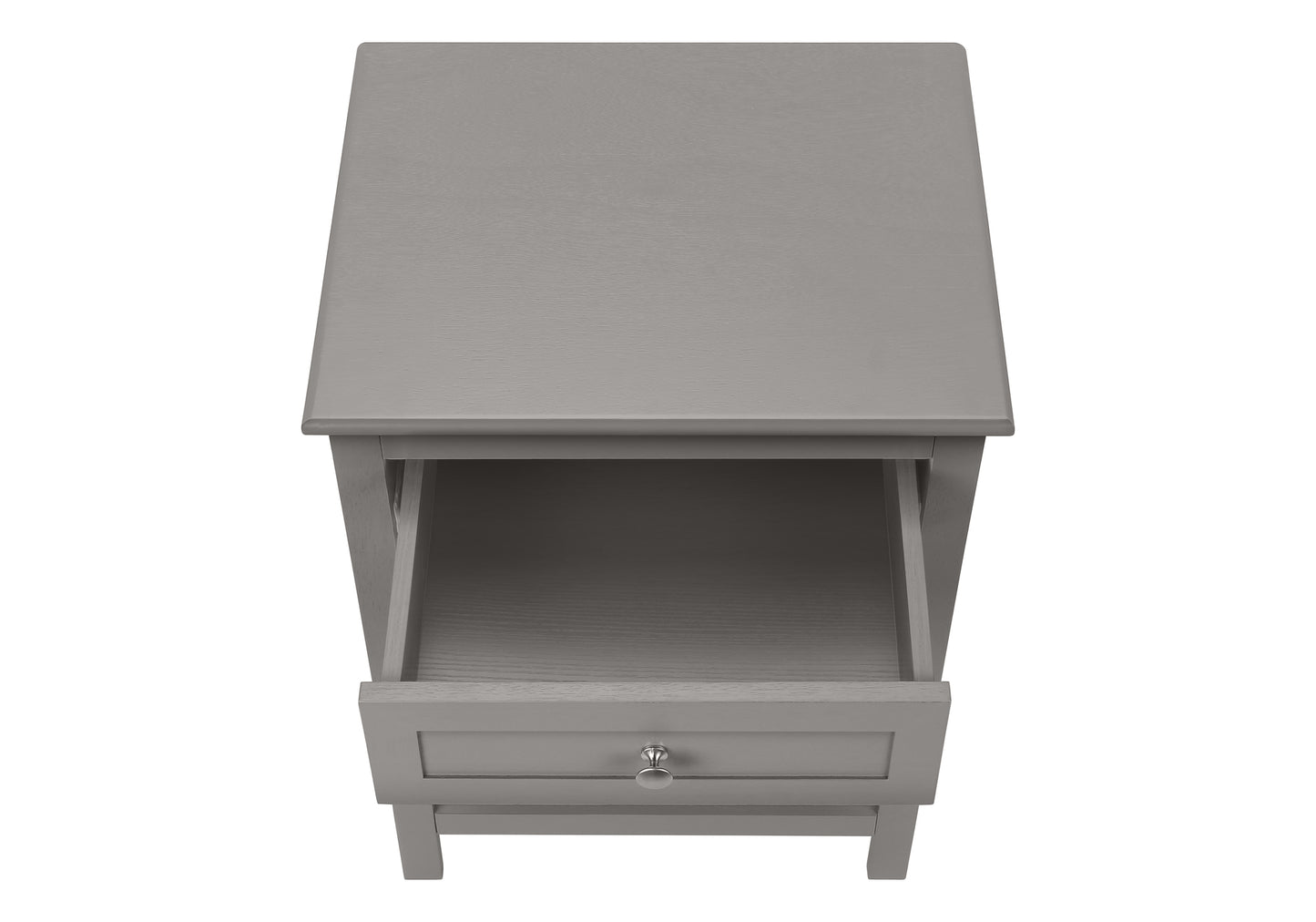Gray wooden nightstand with one drawer open showcasing interior space