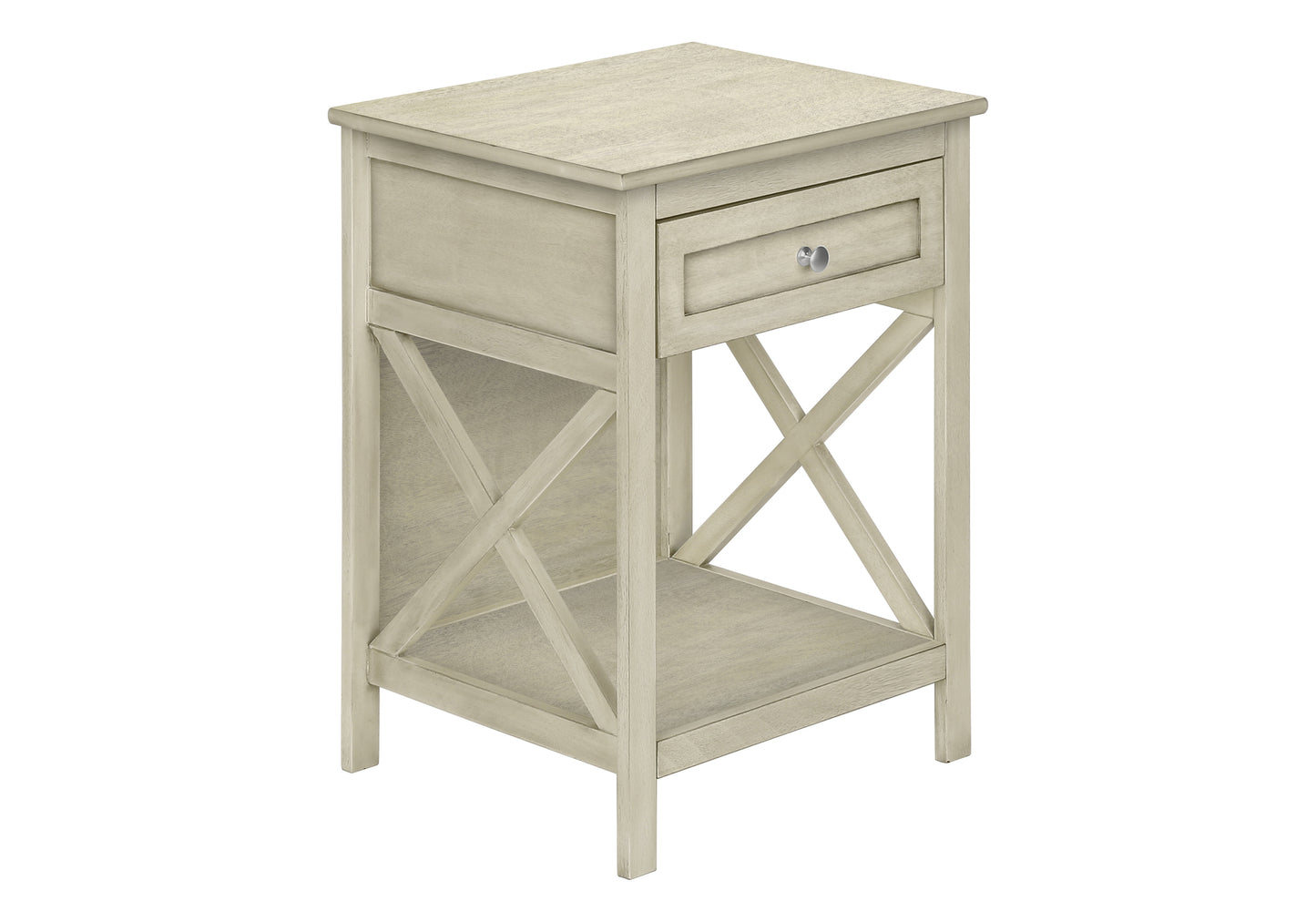 A distressed white wooden end table with one drawer and an open shelf provides bedside storage