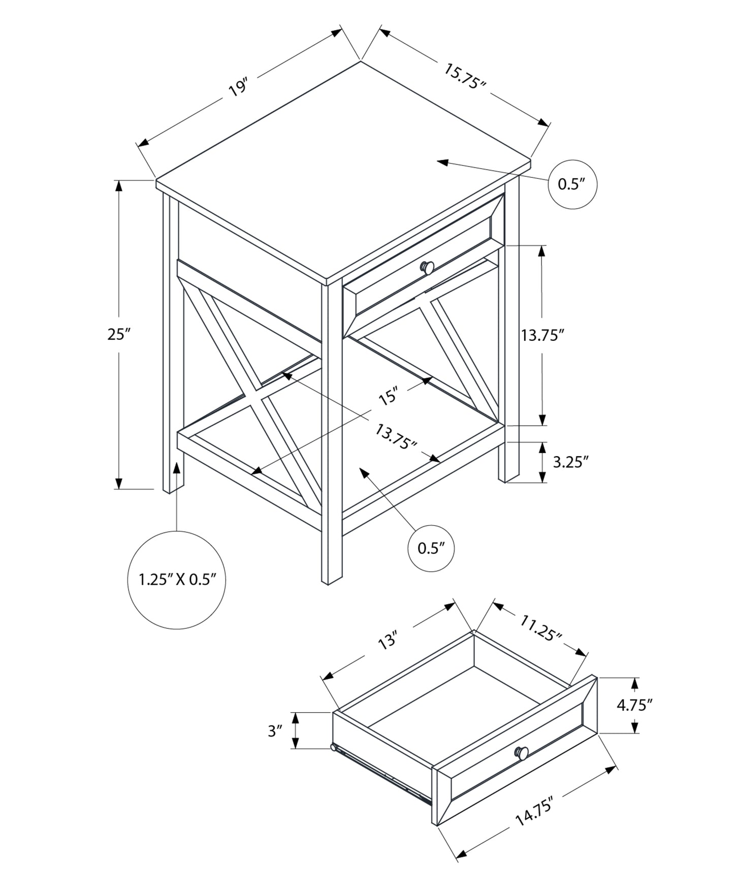 Technical drawing of a rustic end table H x W with drawer and shelf