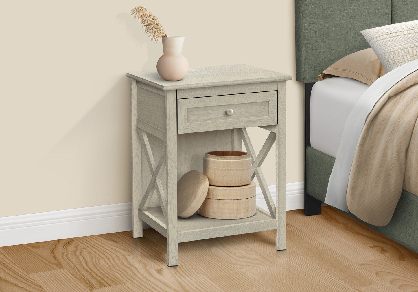 Light gray farmhouse nightstand with single drawer and open shelf