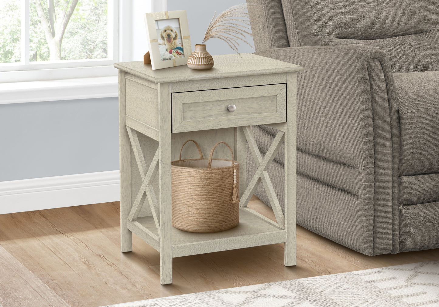 Light wood farmhouse end table with drawer and lower shelf for storage