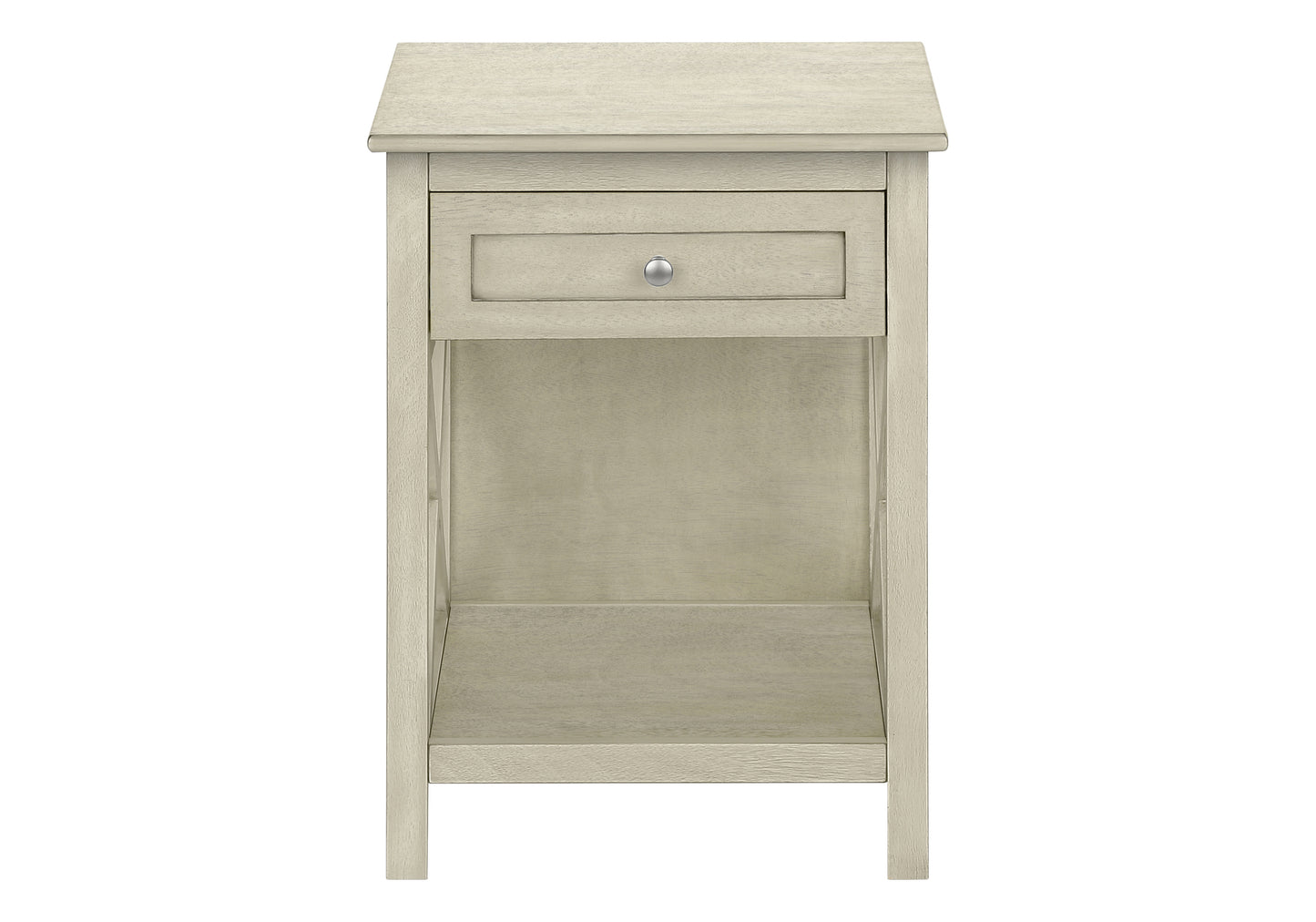 Light gray wood nightstand with one drawer and open shelf