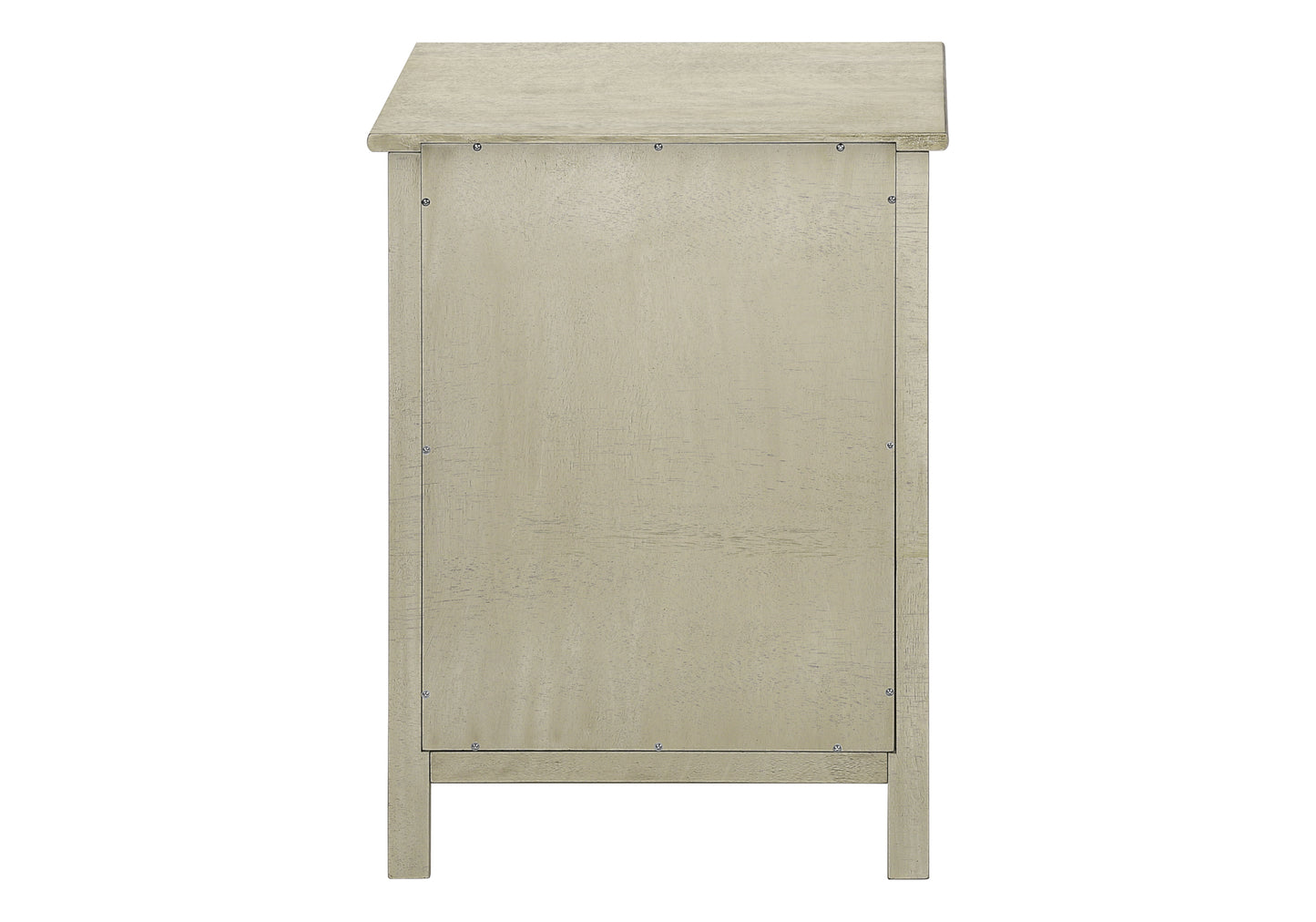 Distressed beige wooden bedside cabinet back view
