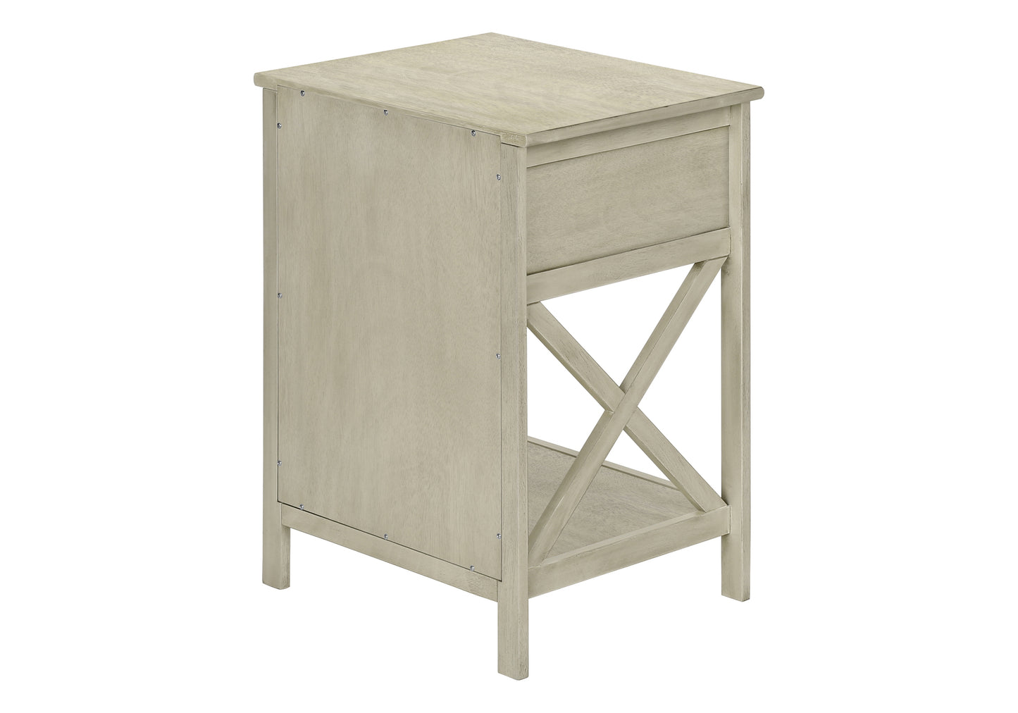 Light gray wood accent table with drawer and open shelf