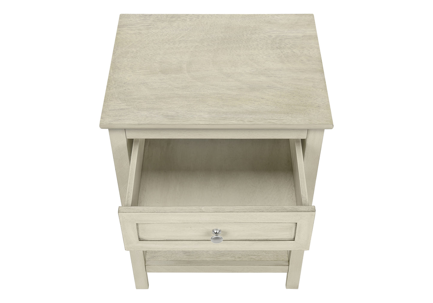 Weathered white wood nightstand with one drawer and open shelf