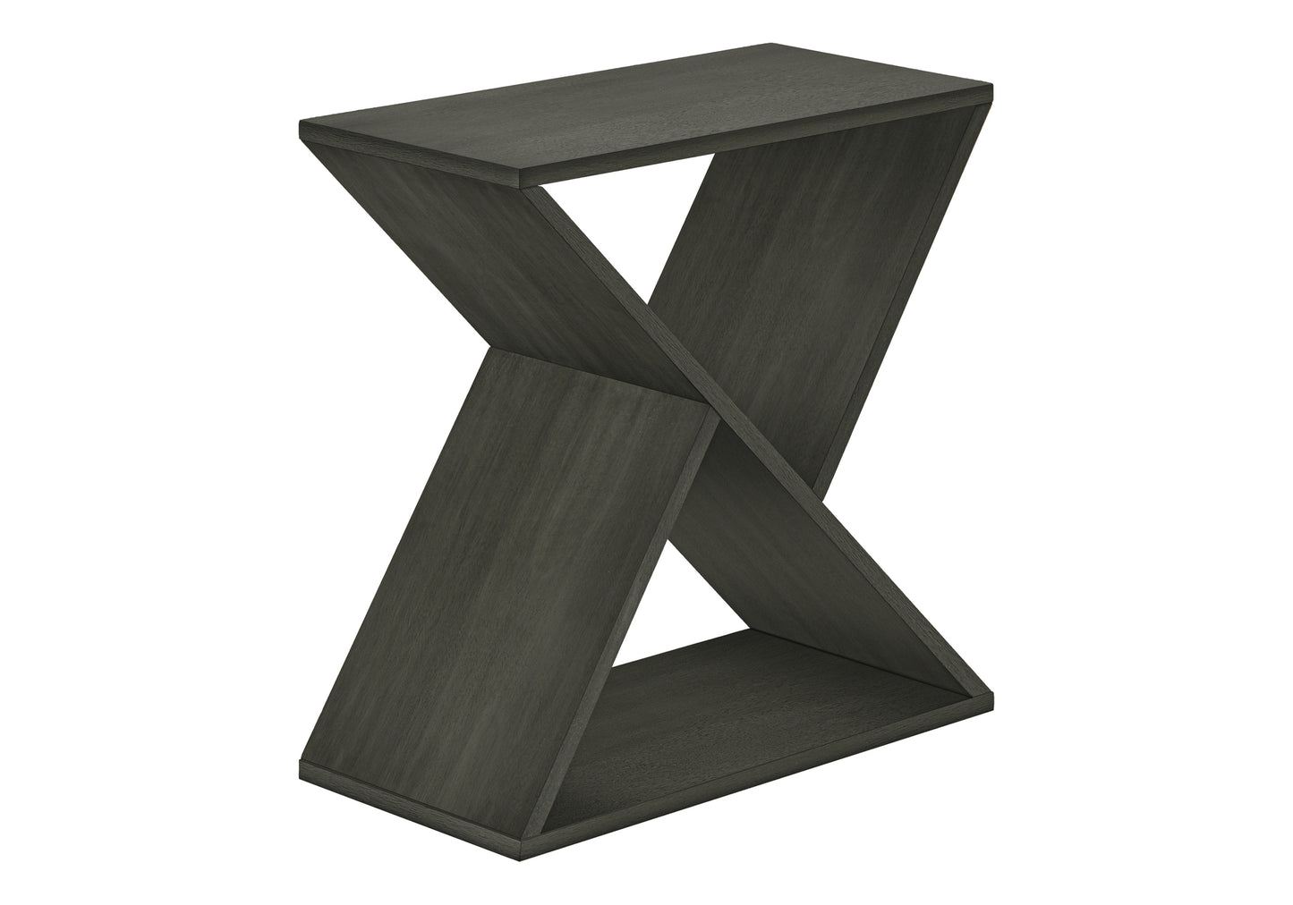 Dark gray modern accent table with striking Xshaped base