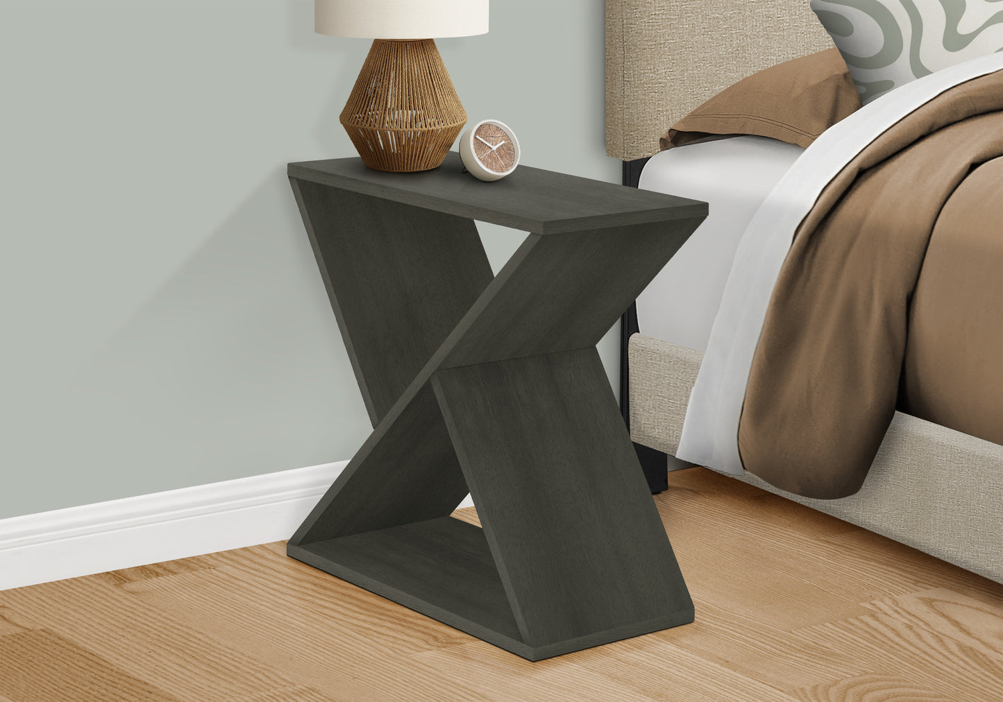 Modern dark gray Cshaped side table with wood grain finish and open shelving