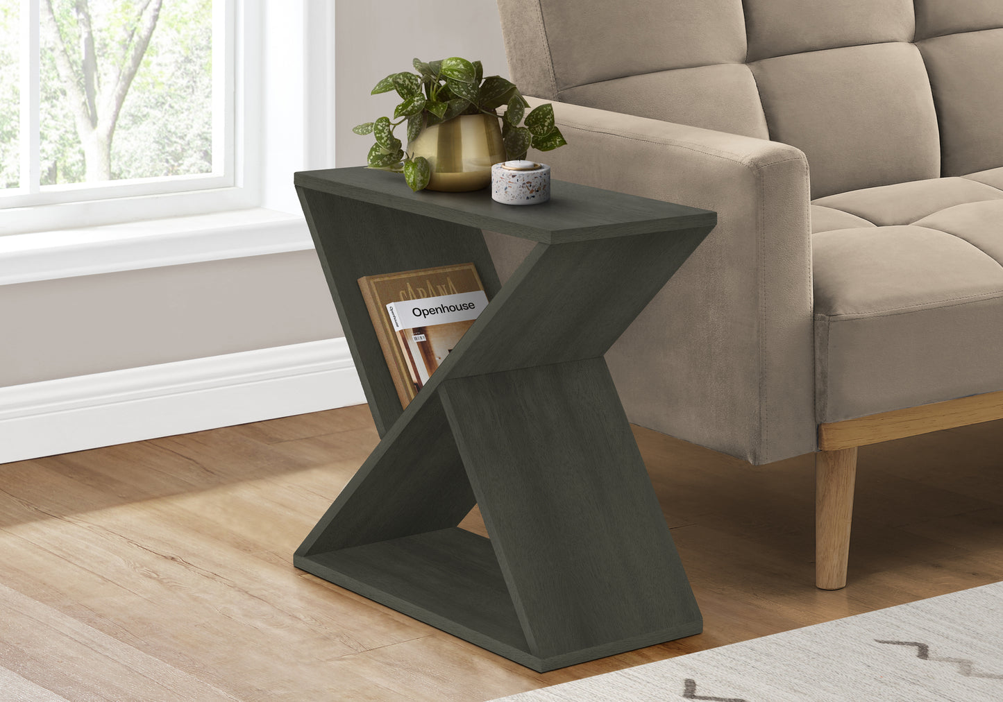 Dark gray abstract Ctable with open shelving for books and decor
