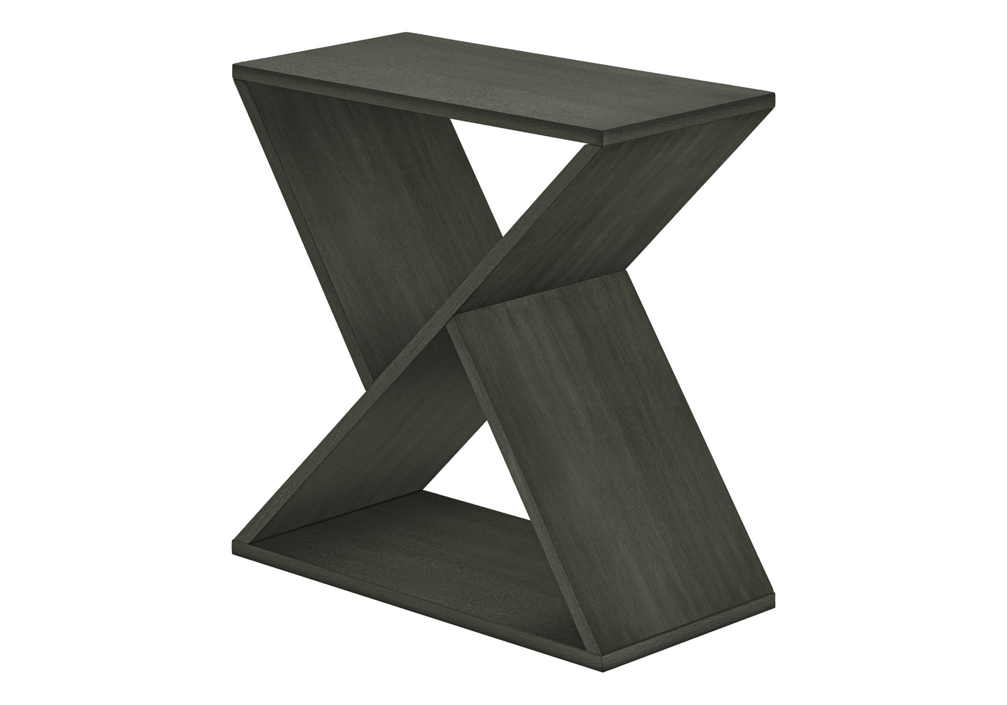 Modern dark grey wood accent table with a unique geometric Xbase design
