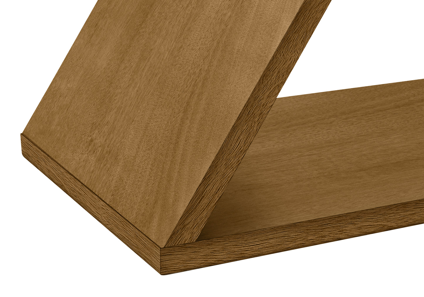 Closeup of warm oak veneer shelving with visible wood grain texture