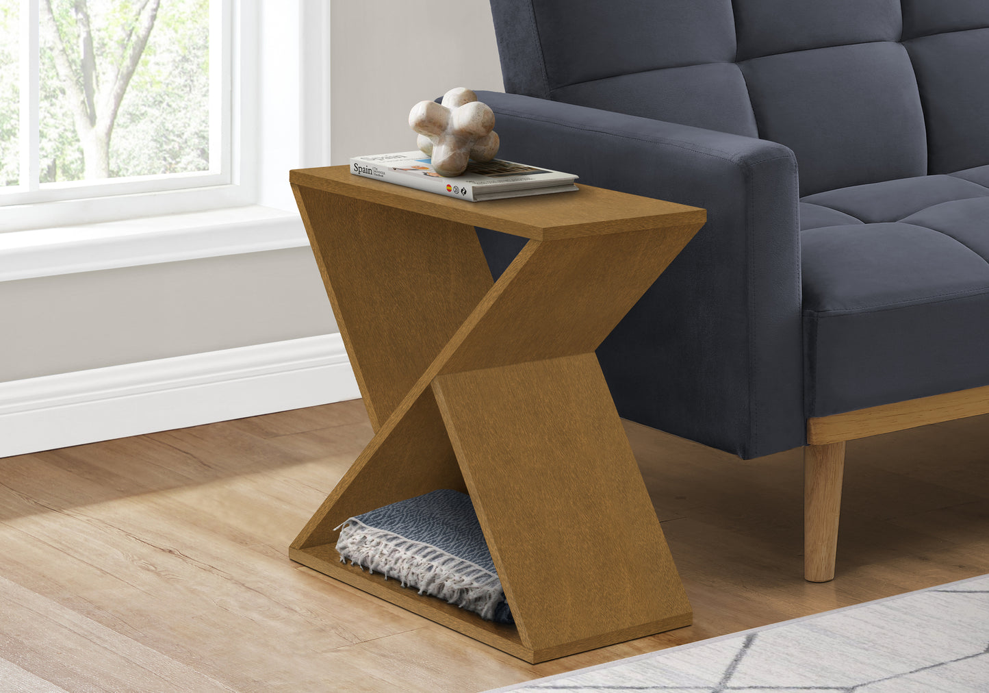 Modern Cshaped accent table with a warm oak finish perfect for living rooms