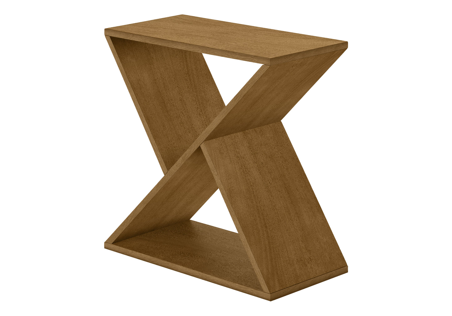 Modern brown wooden console table with a unique twisted leg design