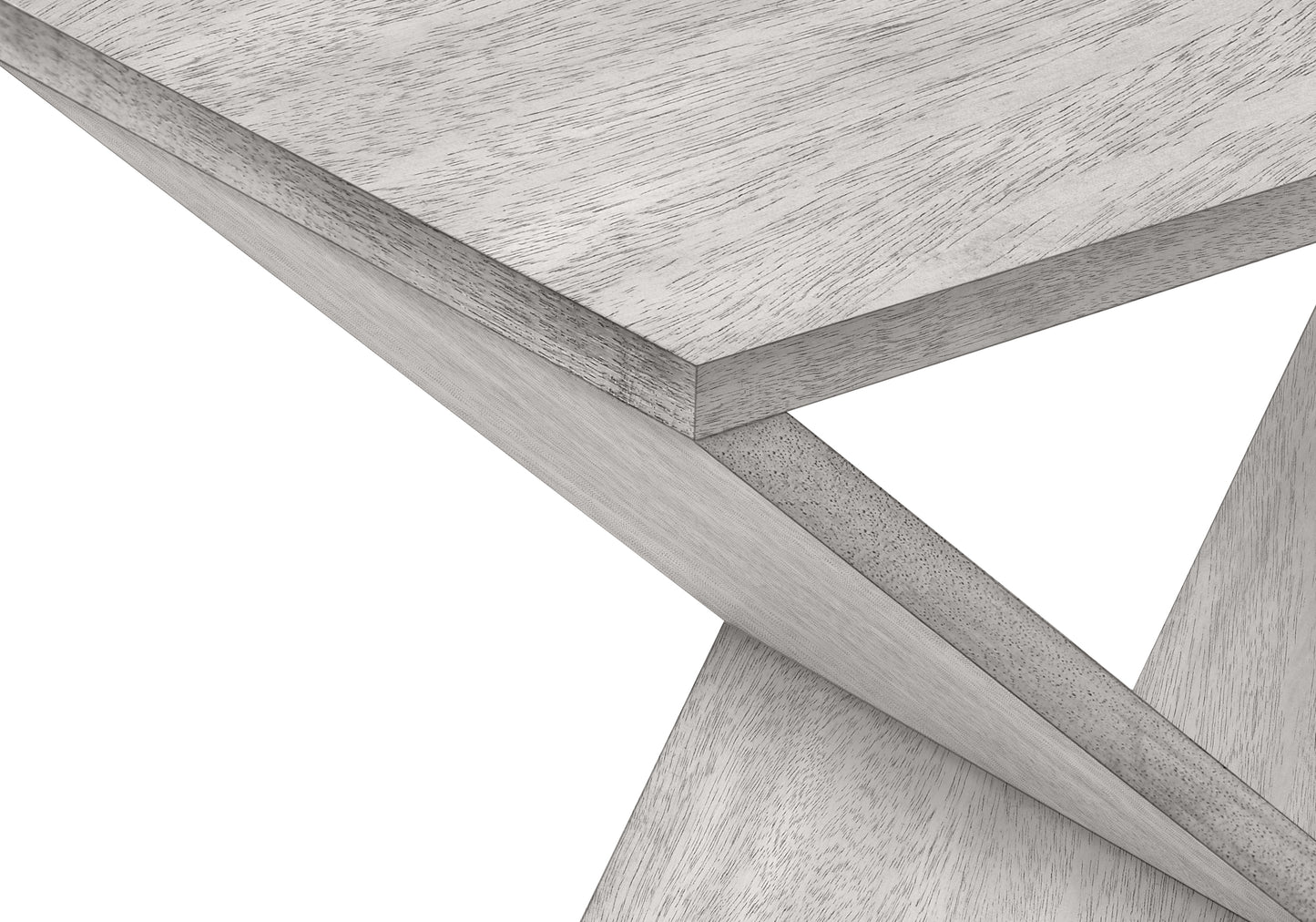 Closeup of a light gray wood grain table top with angled legs