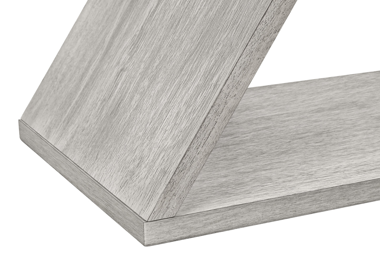 Closeup of distressed grey wood shelf with visible grain texture