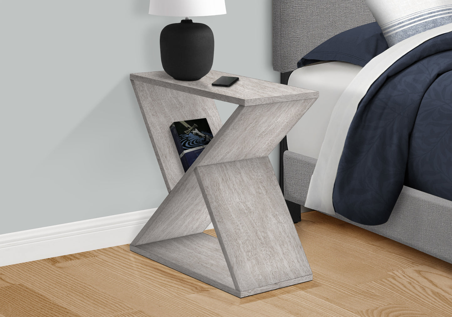Distressed grey wood bedside table with unique zshaped design
