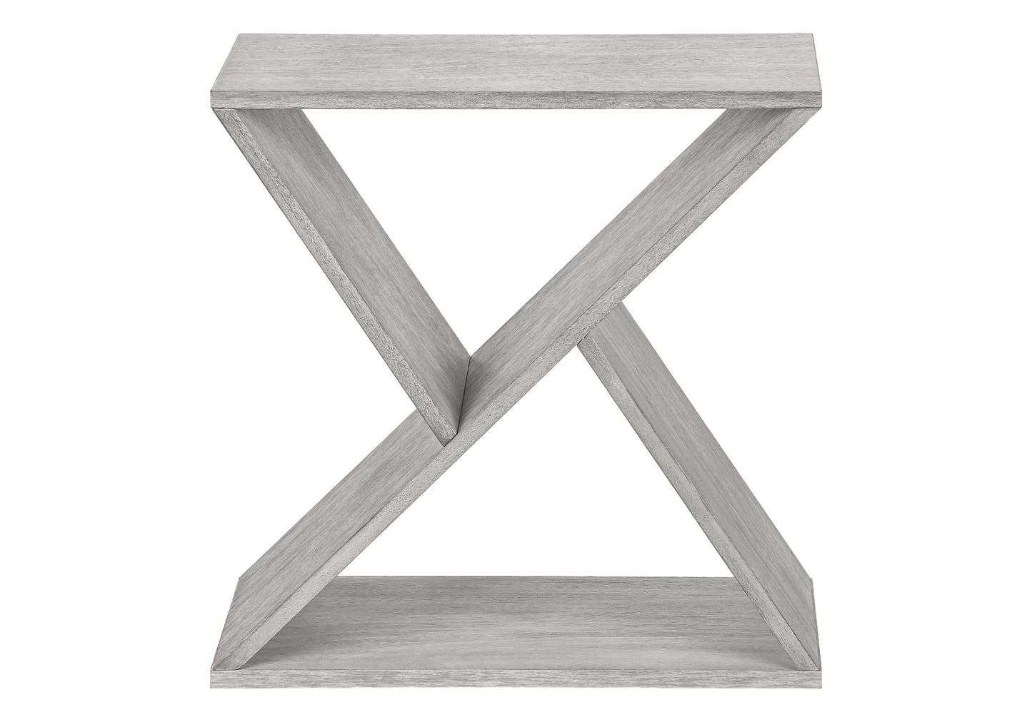 Modern gray washed wood accent table with geometric open design