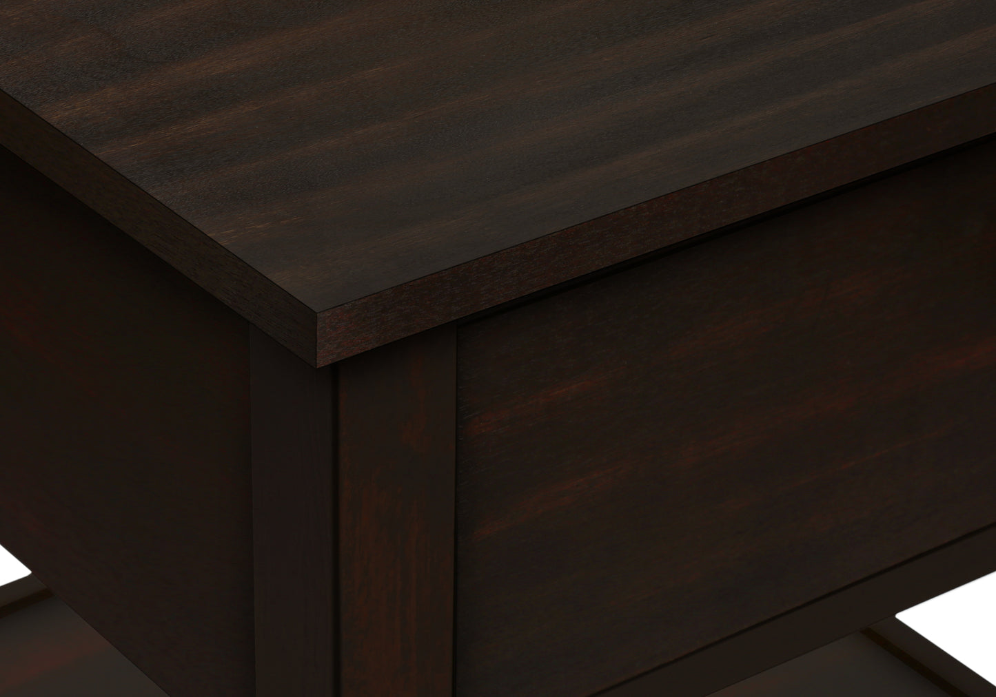 Dark wood side table top with visible grain texture and beveled edge