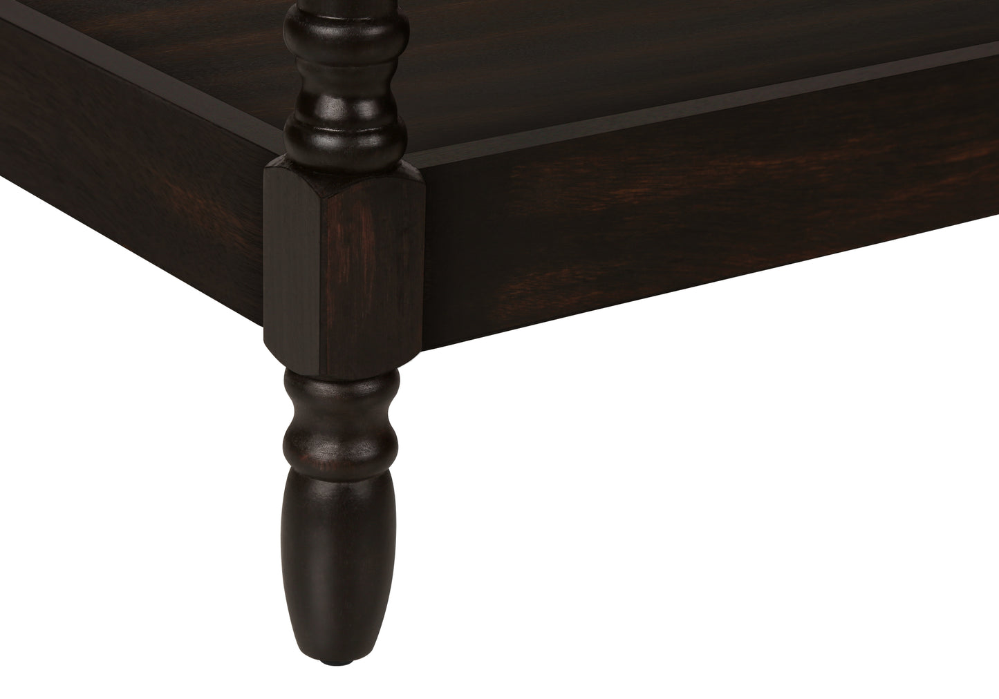Dark wood furniture leg with turned detailing on a white background