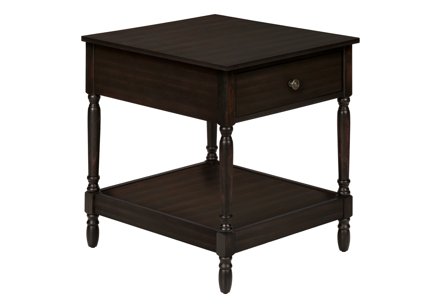 Dark brown wooden end table with a single drawer and lower shelf featuring turned legs