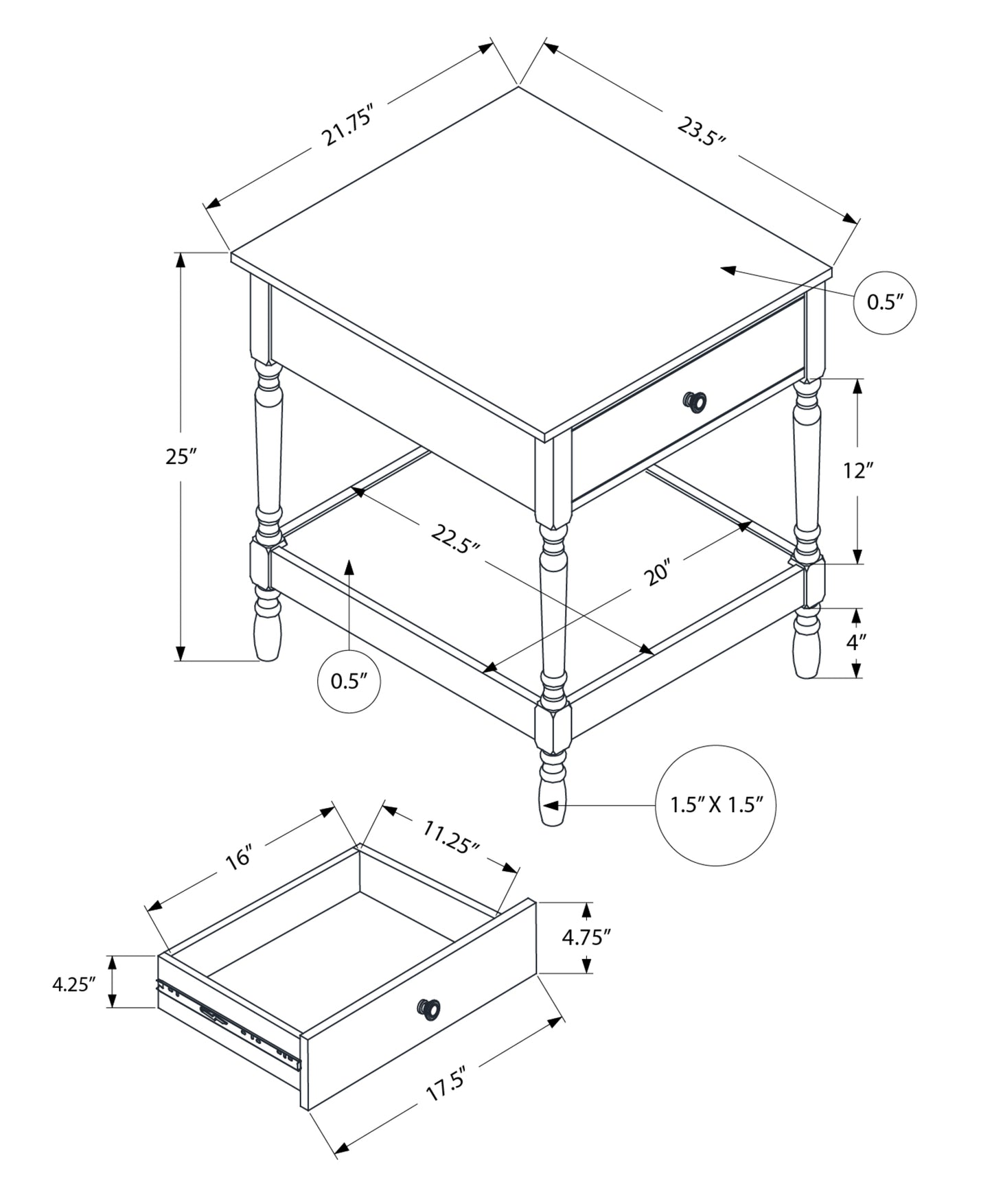 Line drawing of a square white wooden side table with turned legs and a single drawer showing dimensions x x