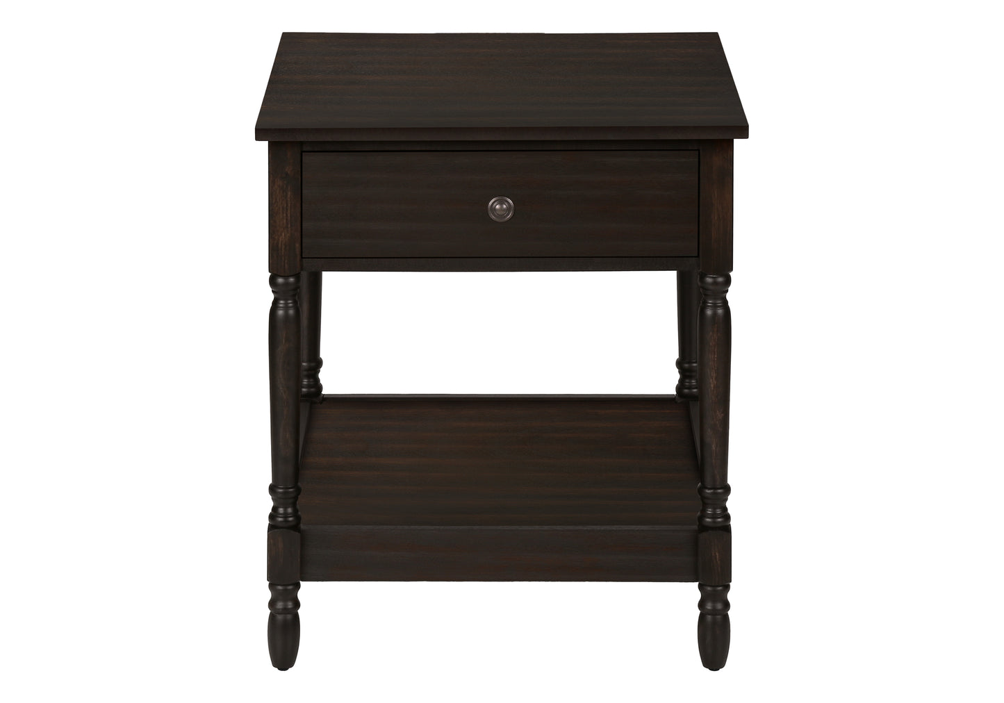 Dark wood nightstand with turned legs and one drawer a functional bedside table